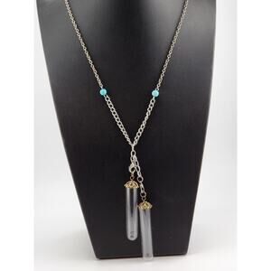 Vintage Glass Vial Tube Necklace Silver Tone Chain Turquoise Accent